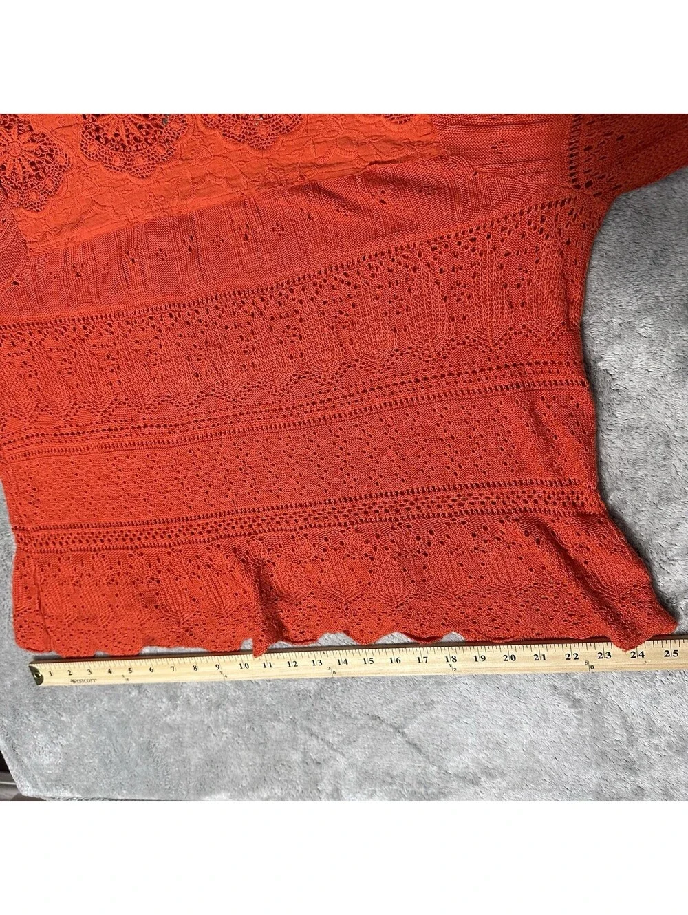 Free People Once Upon A Time Top Womens LG Orange Crochet Bell Sleeve Linen